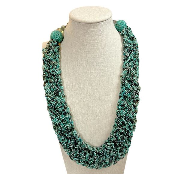 Vintage Women’s Necklace Seed Bead Bib Statement Teal Turquoise Multi 12” Length - Picture 6 of 6